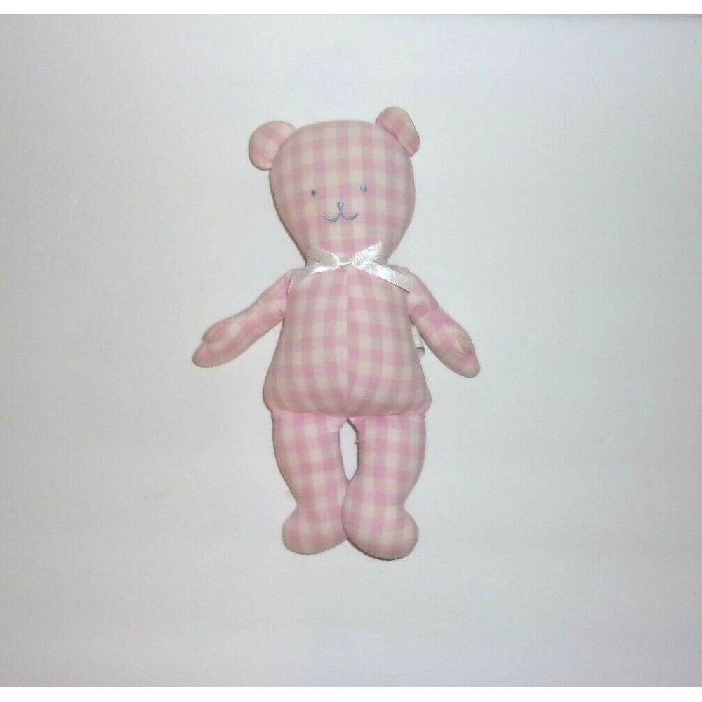 Kate Finn Pink Checked Teddy Bear Plush Rattle Doll Lovey Toy Baby 10"